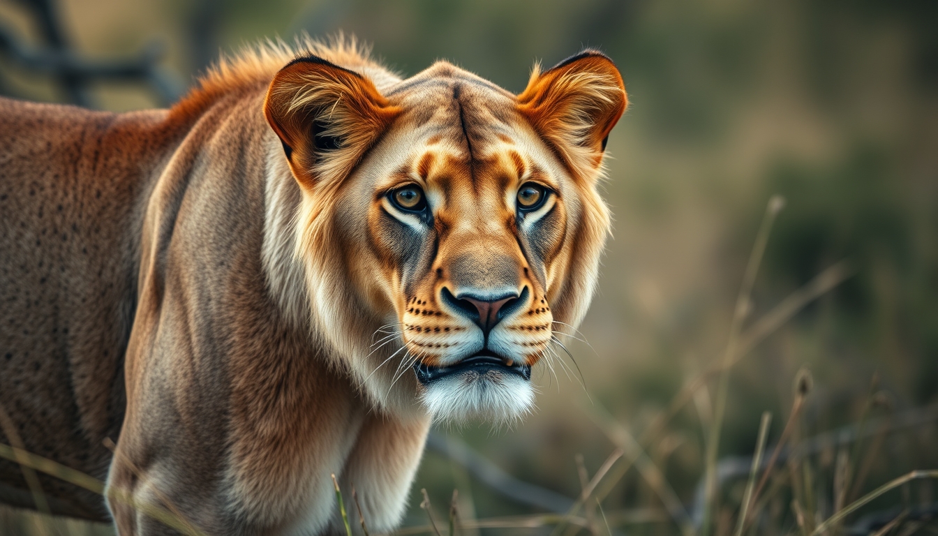 african lion in savanna in editorial style