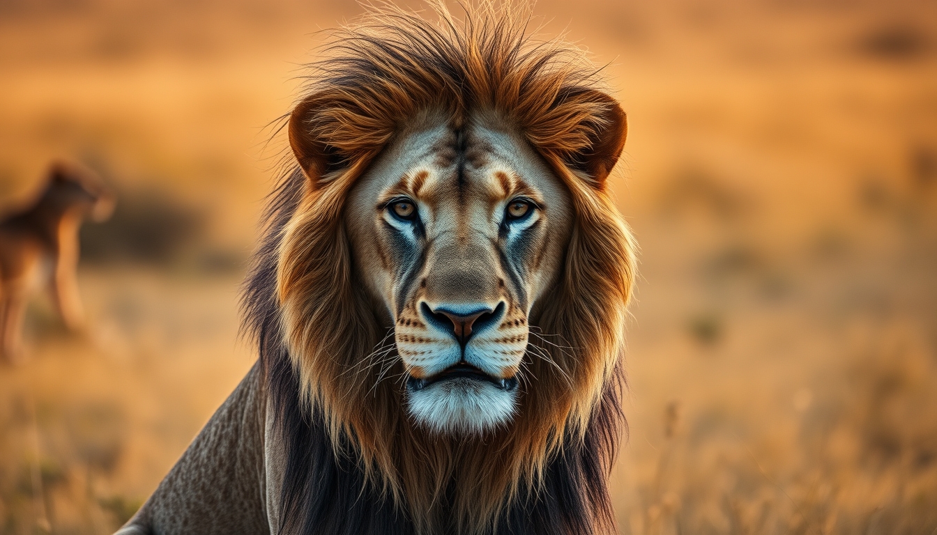african lion in savanna in editorial style