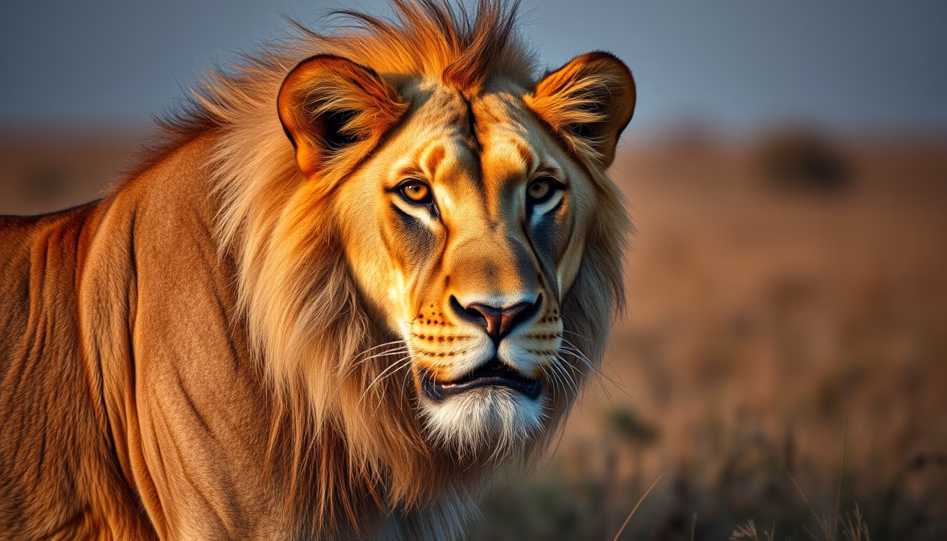 african lion in savanna in editorial style