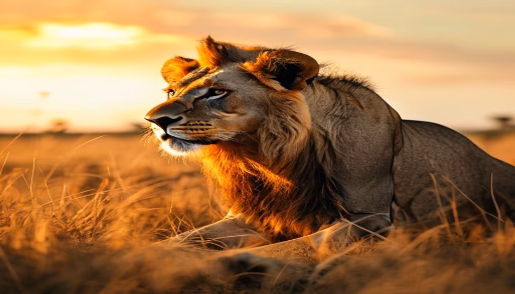 african lion in savanna in editorial style