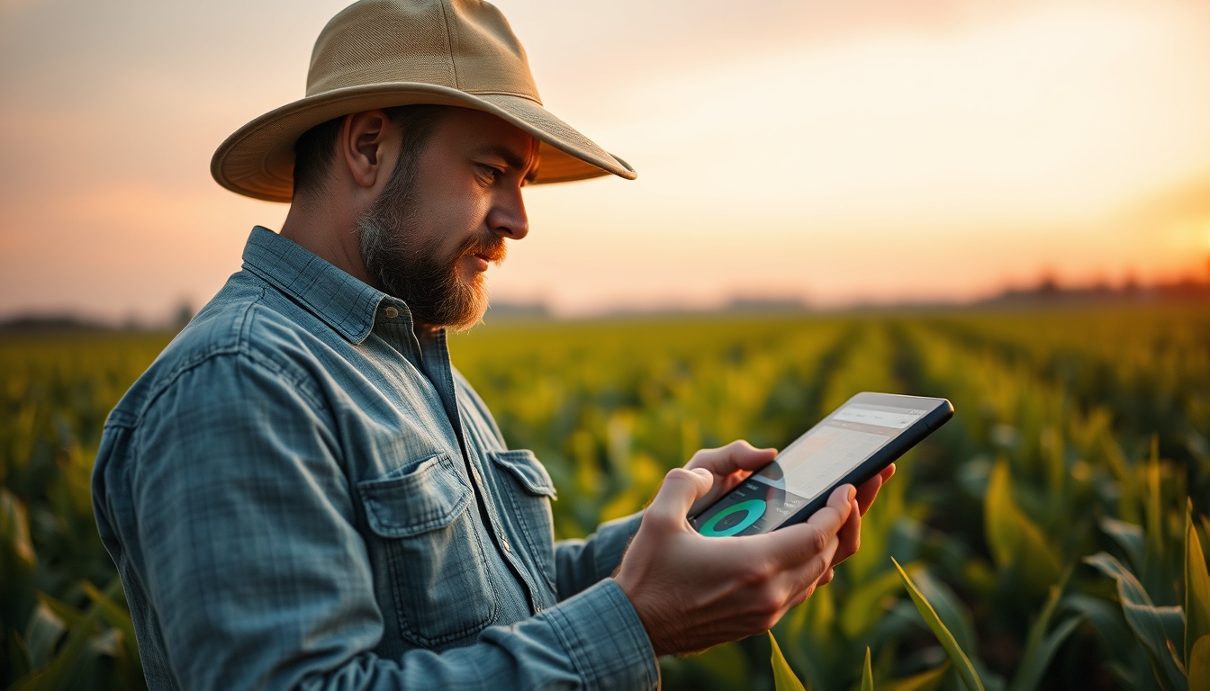 Agronomist with tablet in field analyzing crop data em estilo editorial