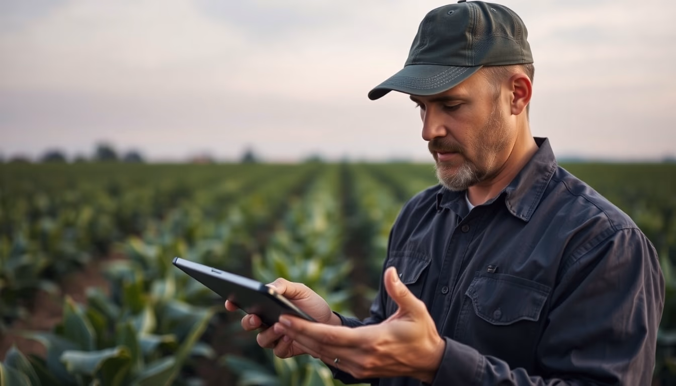 agronomist with tablet in field analyzing crop data in editorial style