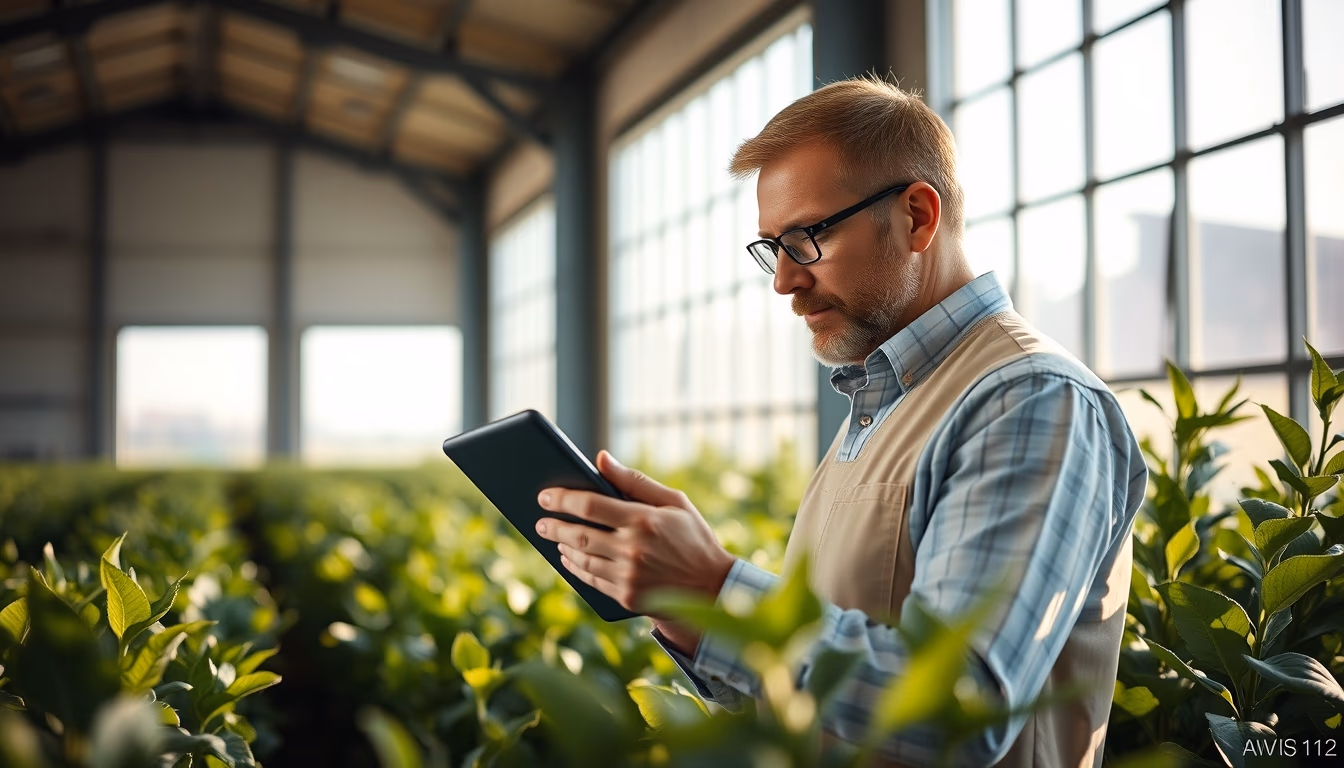 agronomist with tablet in field analyzing crop data in editorial style