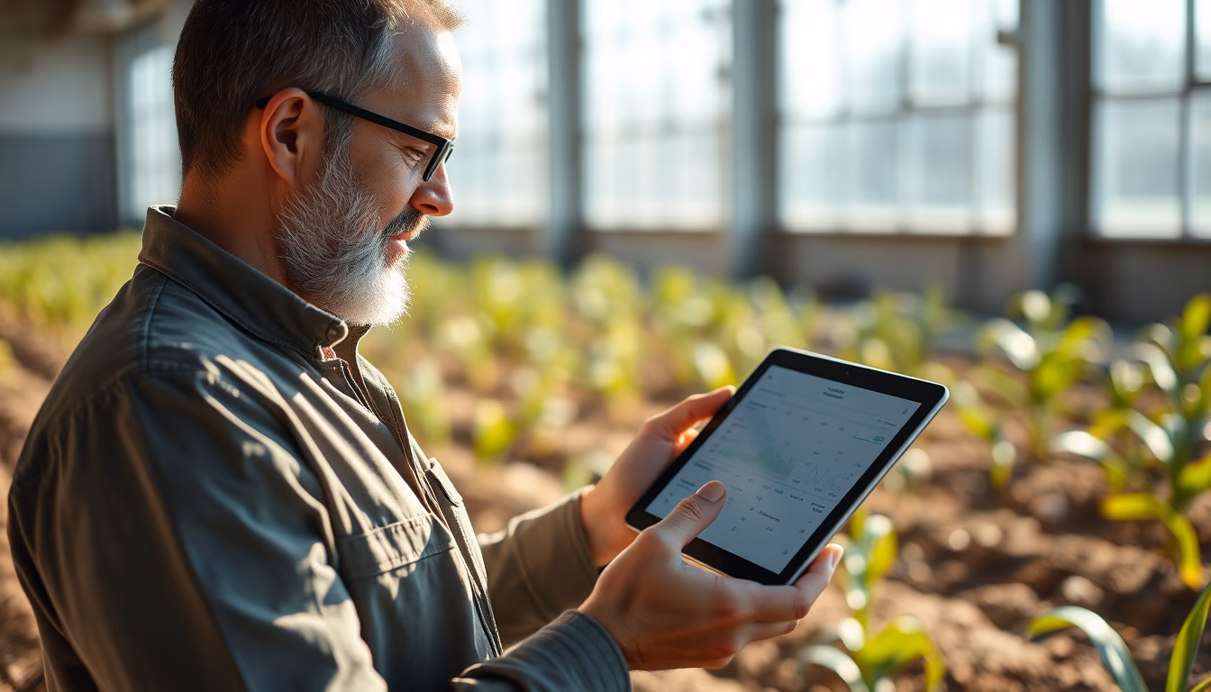 agronomist with tablet in field analyzing crop data in editorial style