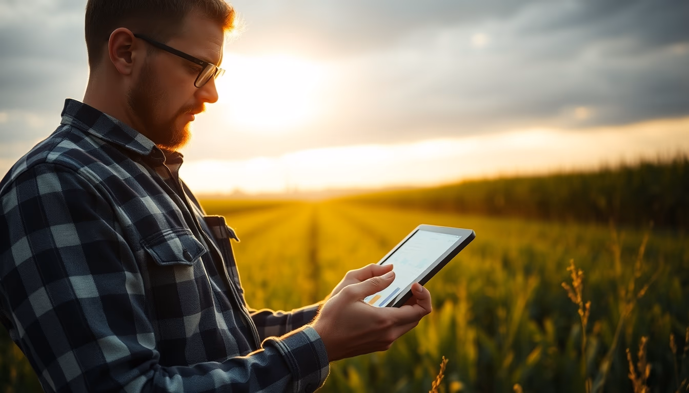 agronomist with tablet in field analyzing crop data in editorial style