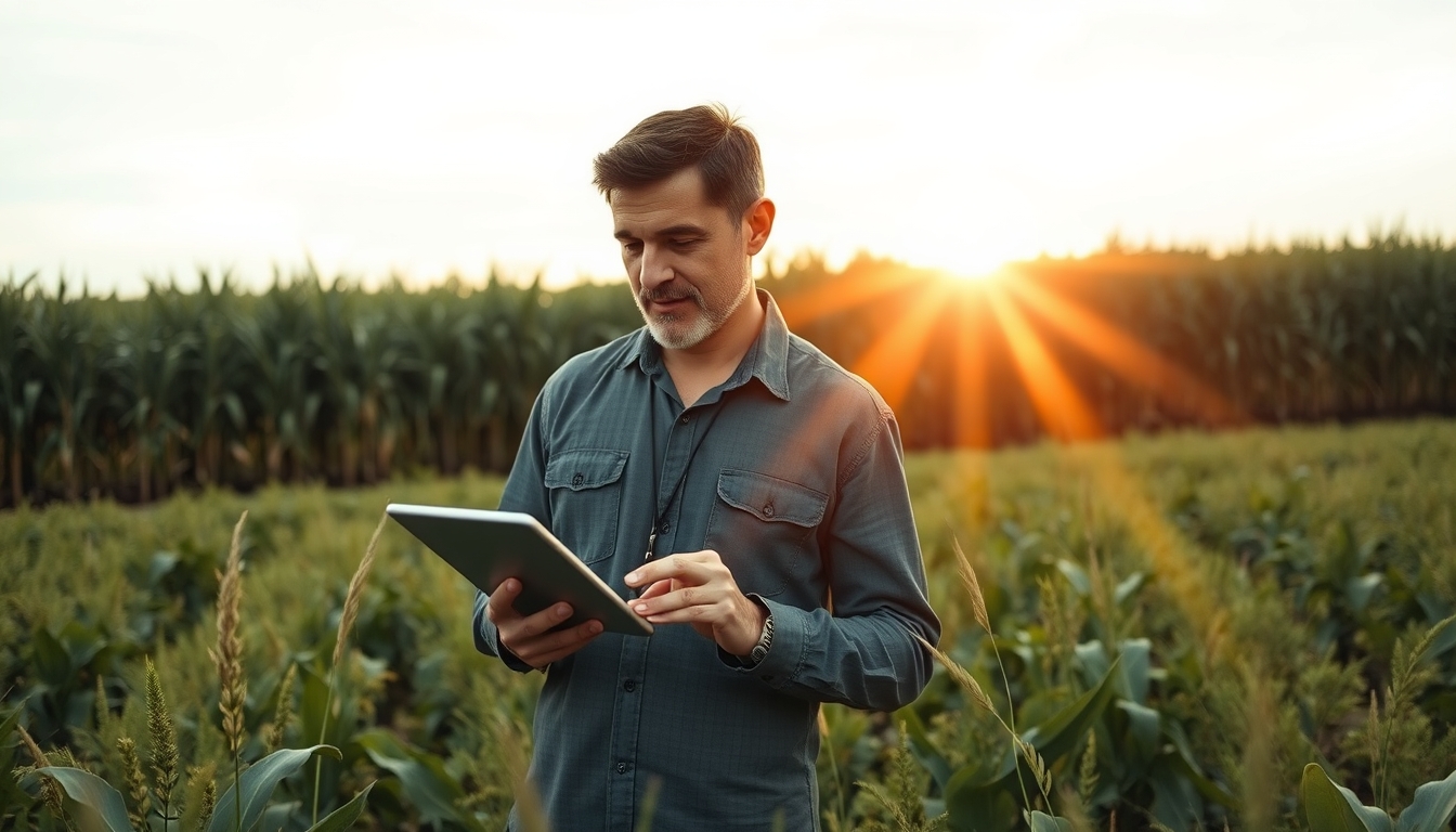 Agronomist with tablet in field analyzing crop data em estilo editorial