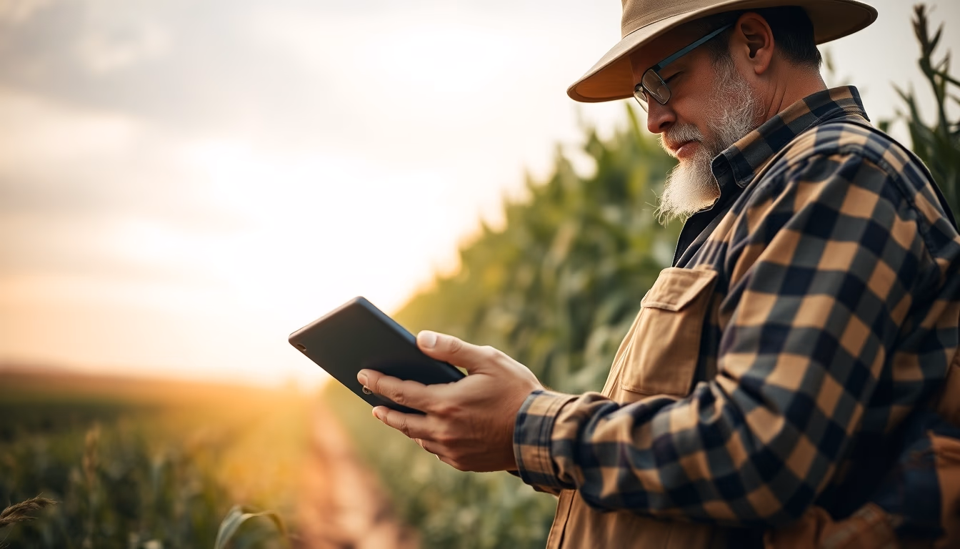 agronomist with tablet in field analyzing crop data in editorial style
