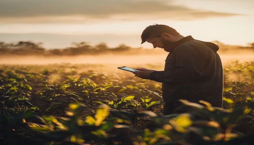 agronomist with tablet in field analyzing crop data in editorial style