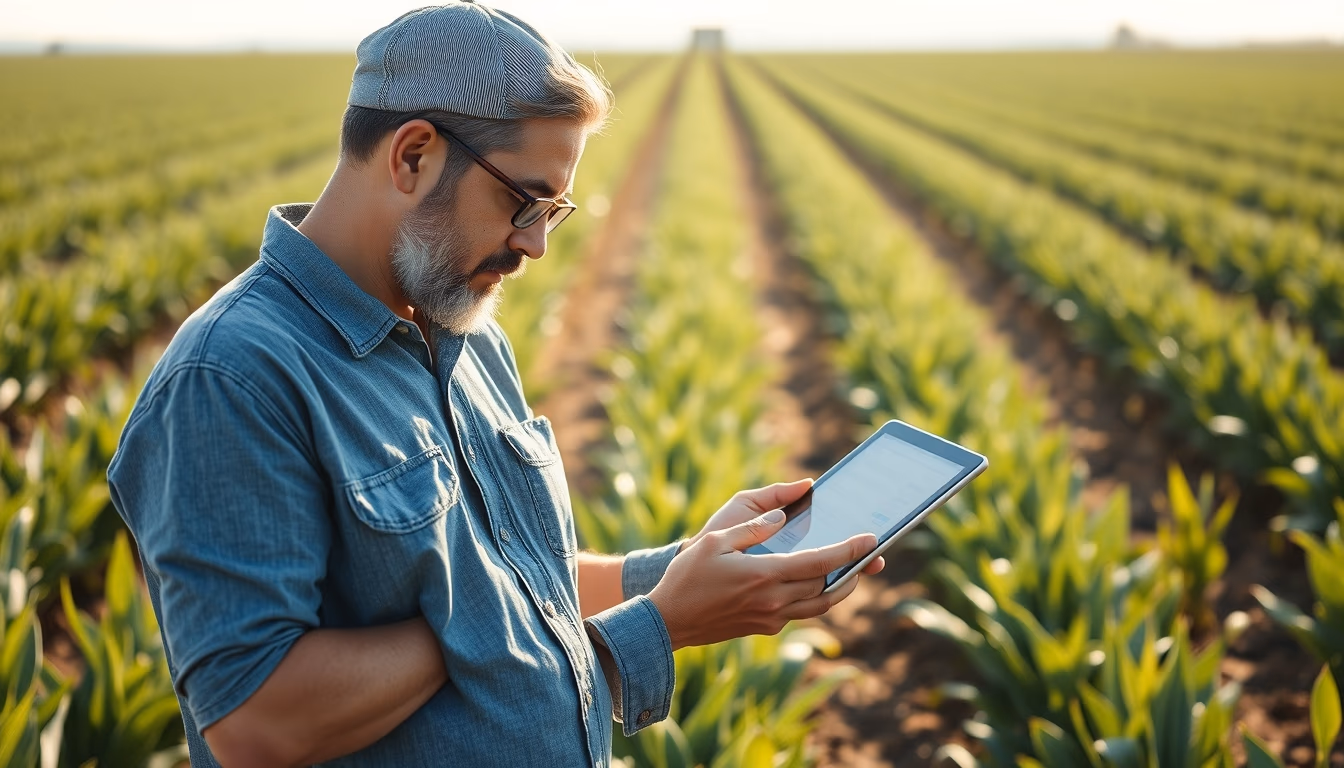 agronomist with tablet in field analyzing crop data in editorial style