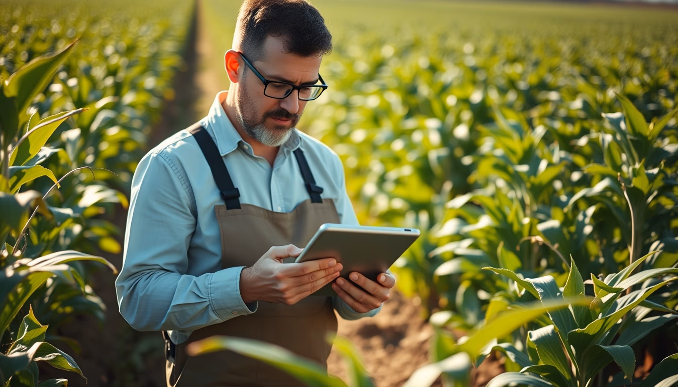 agronomist with tablet in field analyzing crop data in editorial style