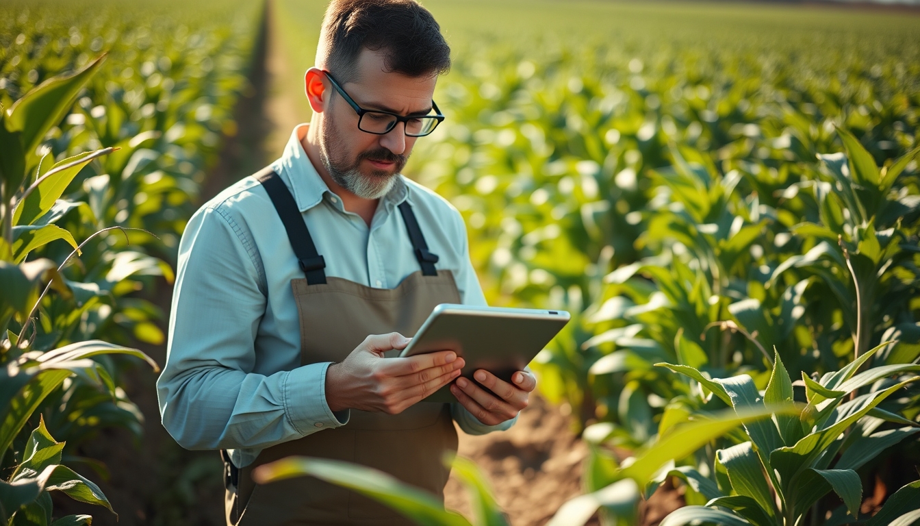 Agronomist with tablet in field analyzing crop data em estilo editorial