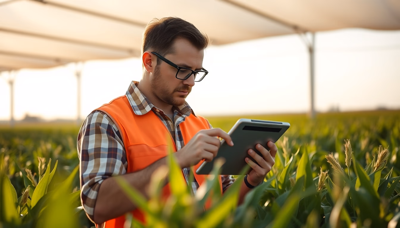 agronomist with tablet in field analyzing crop data in editorial style