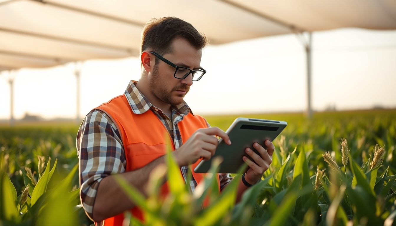 Agronomist with tablet in field analyzing crop data em estilo editorial