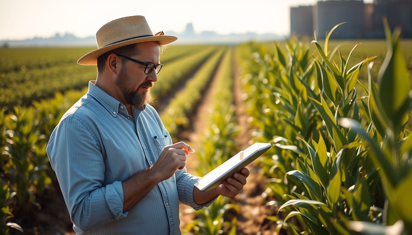 agronomist with tablet in field analyzing crop data in editorial style
