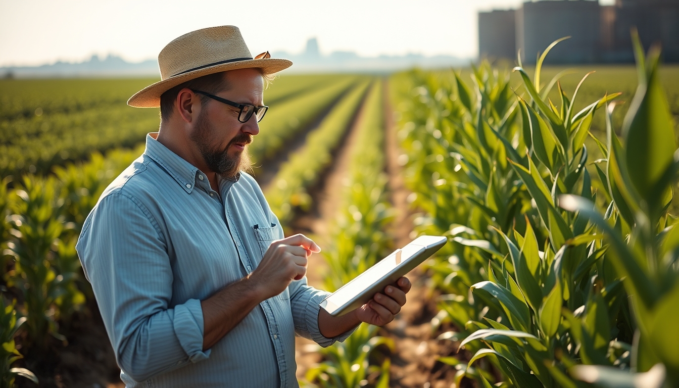 Agronomist with tablet in field analyzing crop data em estilo editorial