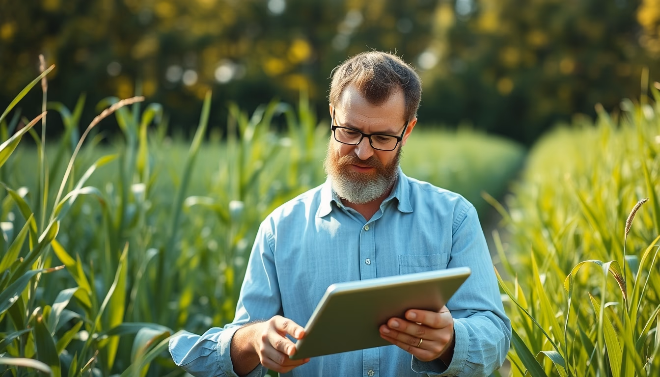 agronomist with tablet in field analyzing crop data in editorial style