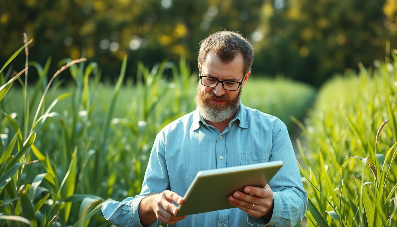 Agronomist with tablet in field analyzing crop data em estilo editorial