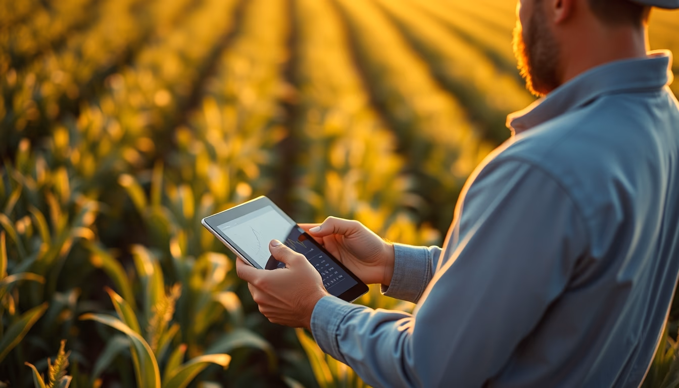 agronomist with tablet in field analyzing crop data in editorial style