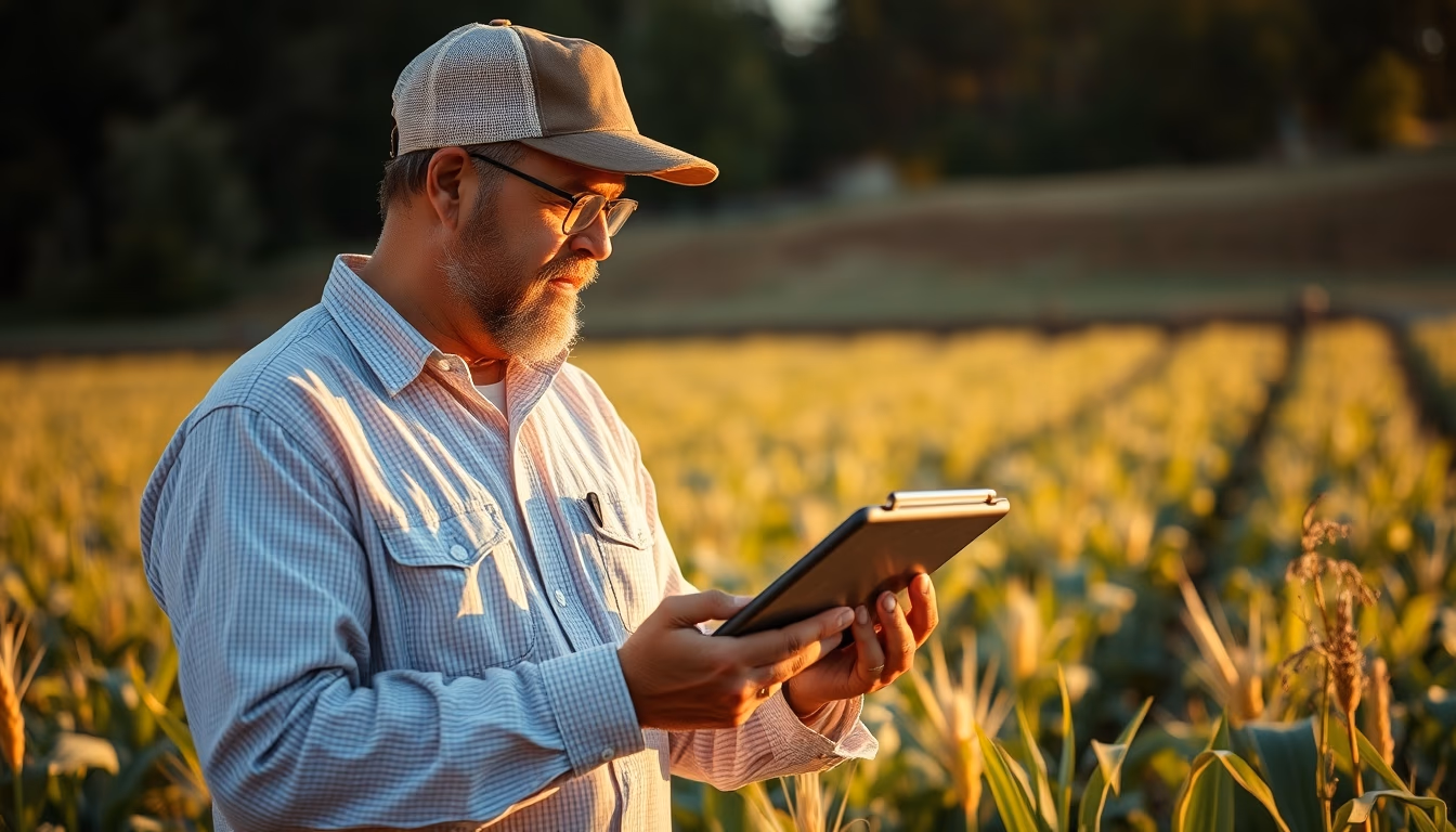 agronomist with tablet in field analyzing crop data in editorial style
