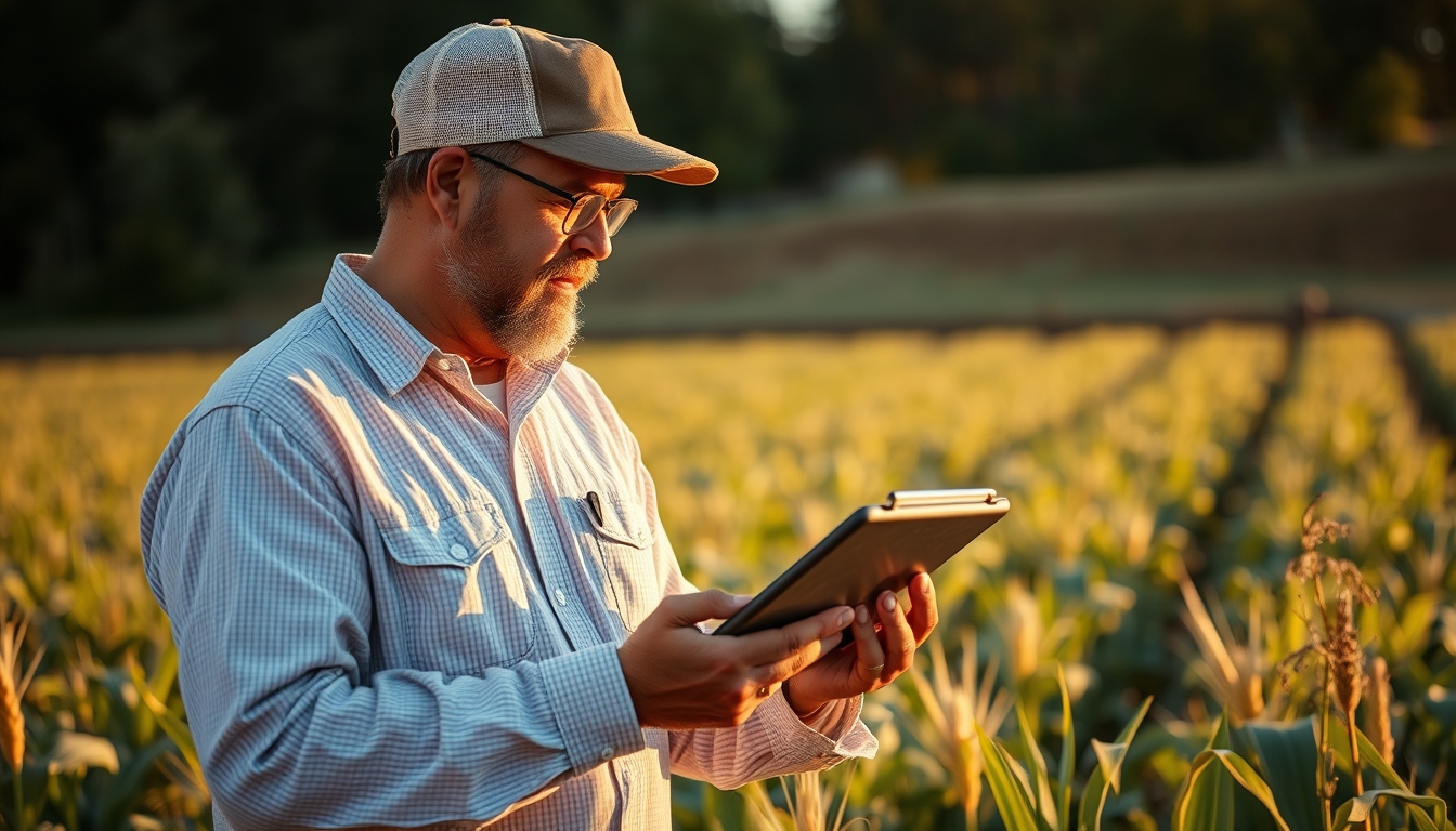Agronomist with tablet in field analyzing crop data em estilo editorial