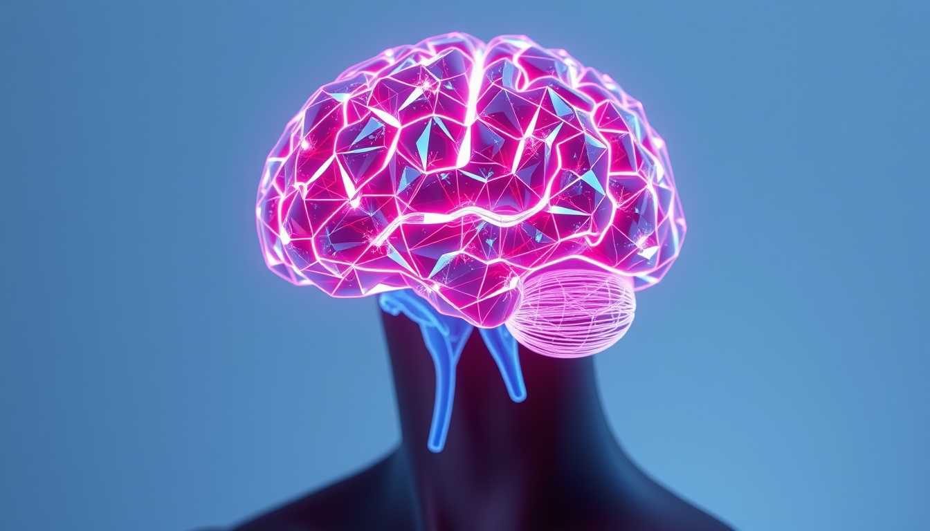 AI brain visualization holographic in editorial style