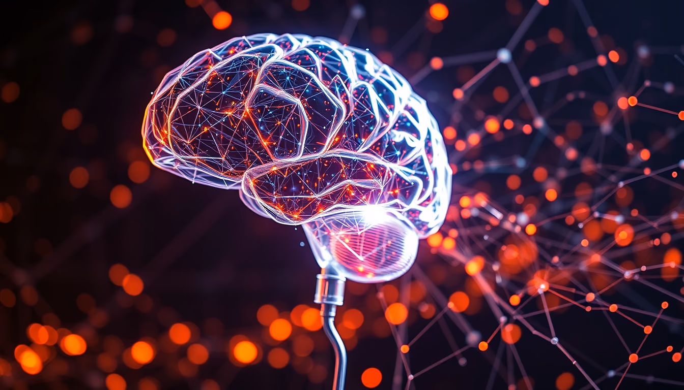 AI brain visualization holographic em estilo editorial