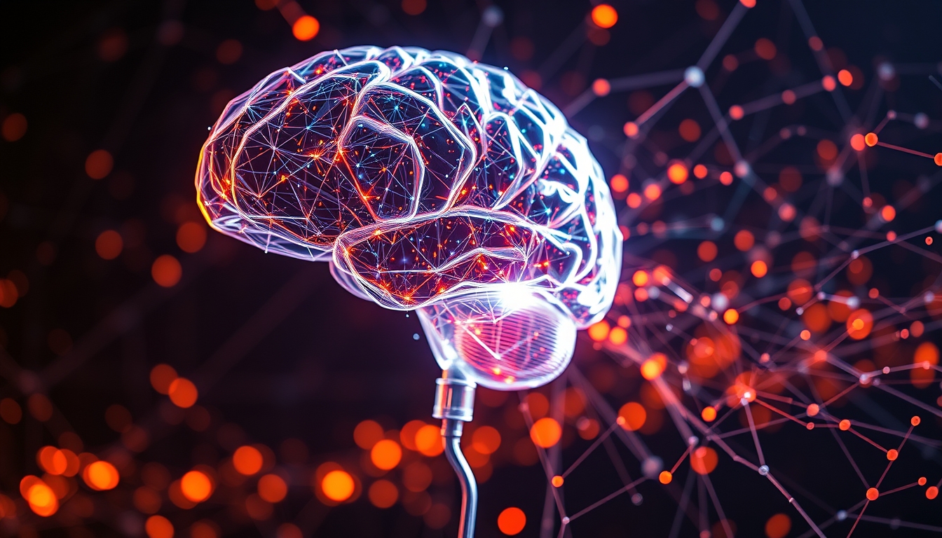 AI brain visualization holographic in editorial style