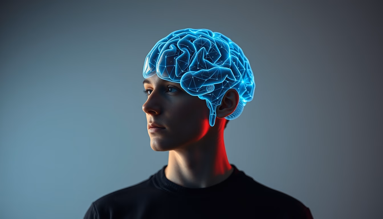 AI brain visualization holographic em estilo editorial