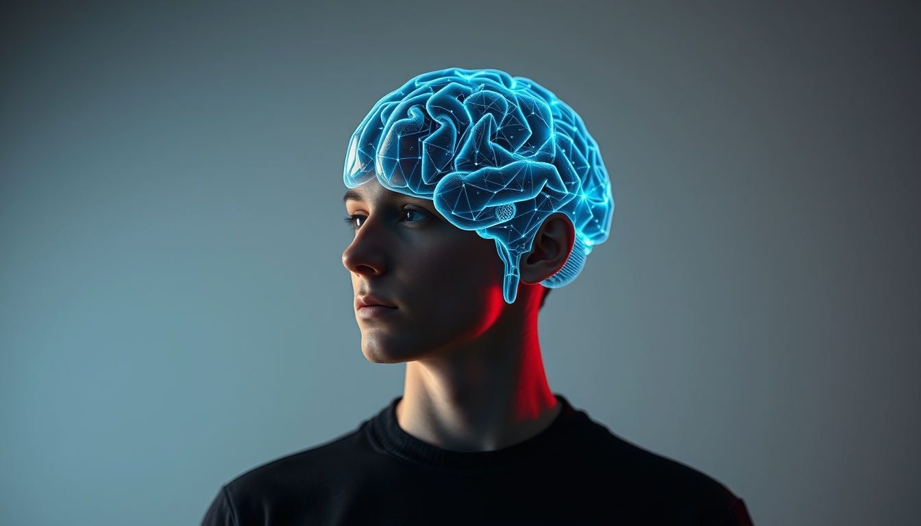 AI brain visualization holographic in editorial style