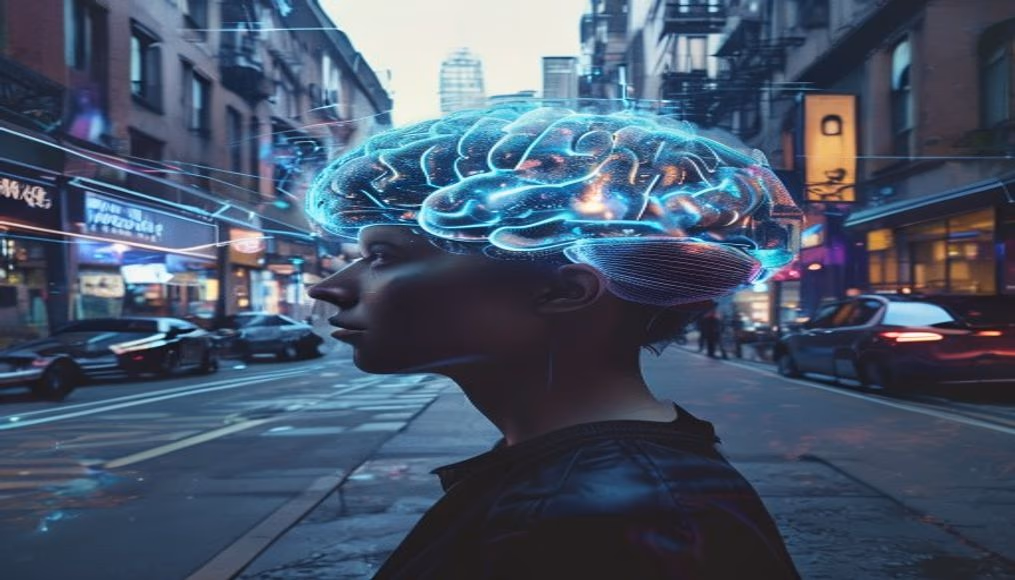 AI brain visualization holographic in editorial style