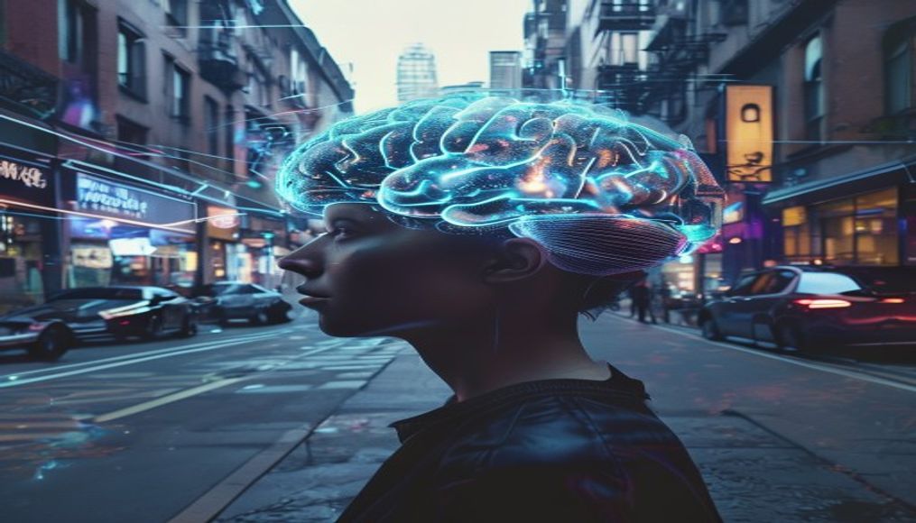 AI brain visualization holographic in editorial style