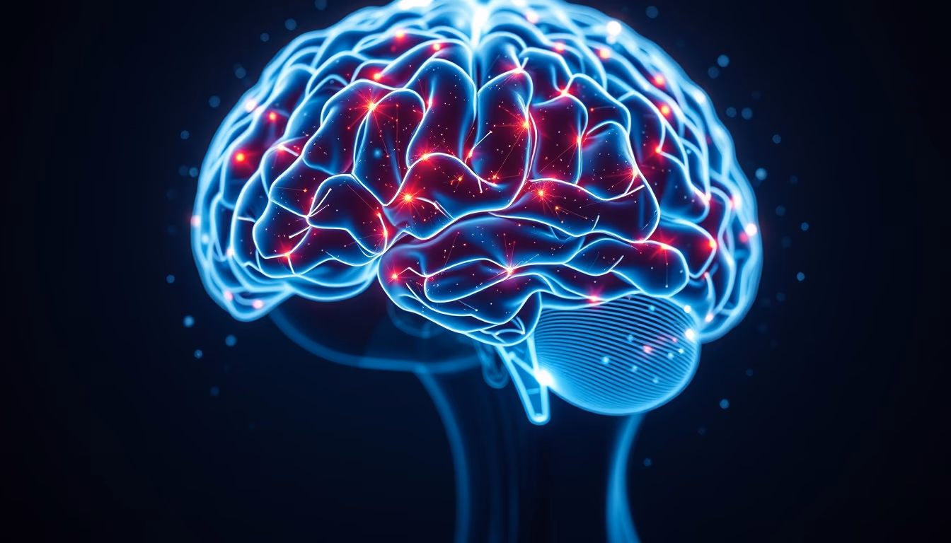 AI brain visualization holographic em estilo editorial