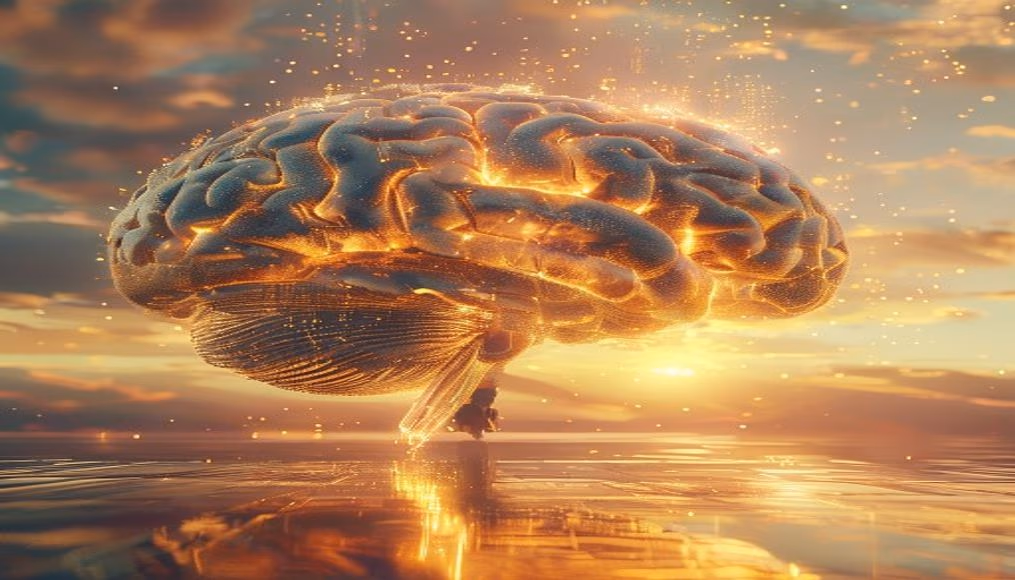 AI brain visualization holographic in editorial style