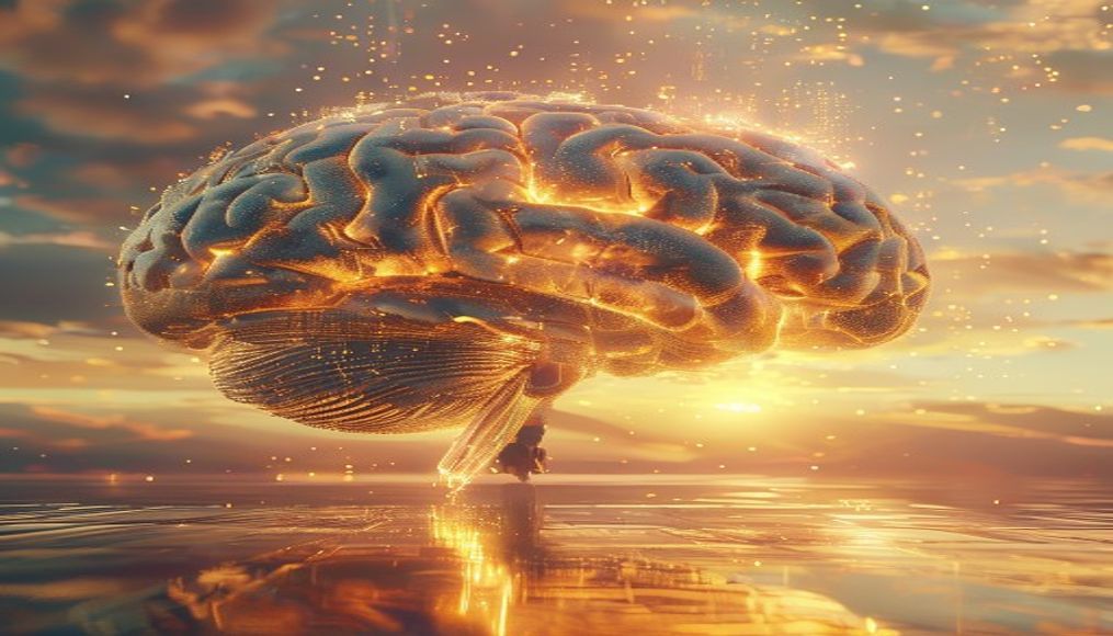 AI brain visualization holographic em estilo editorial