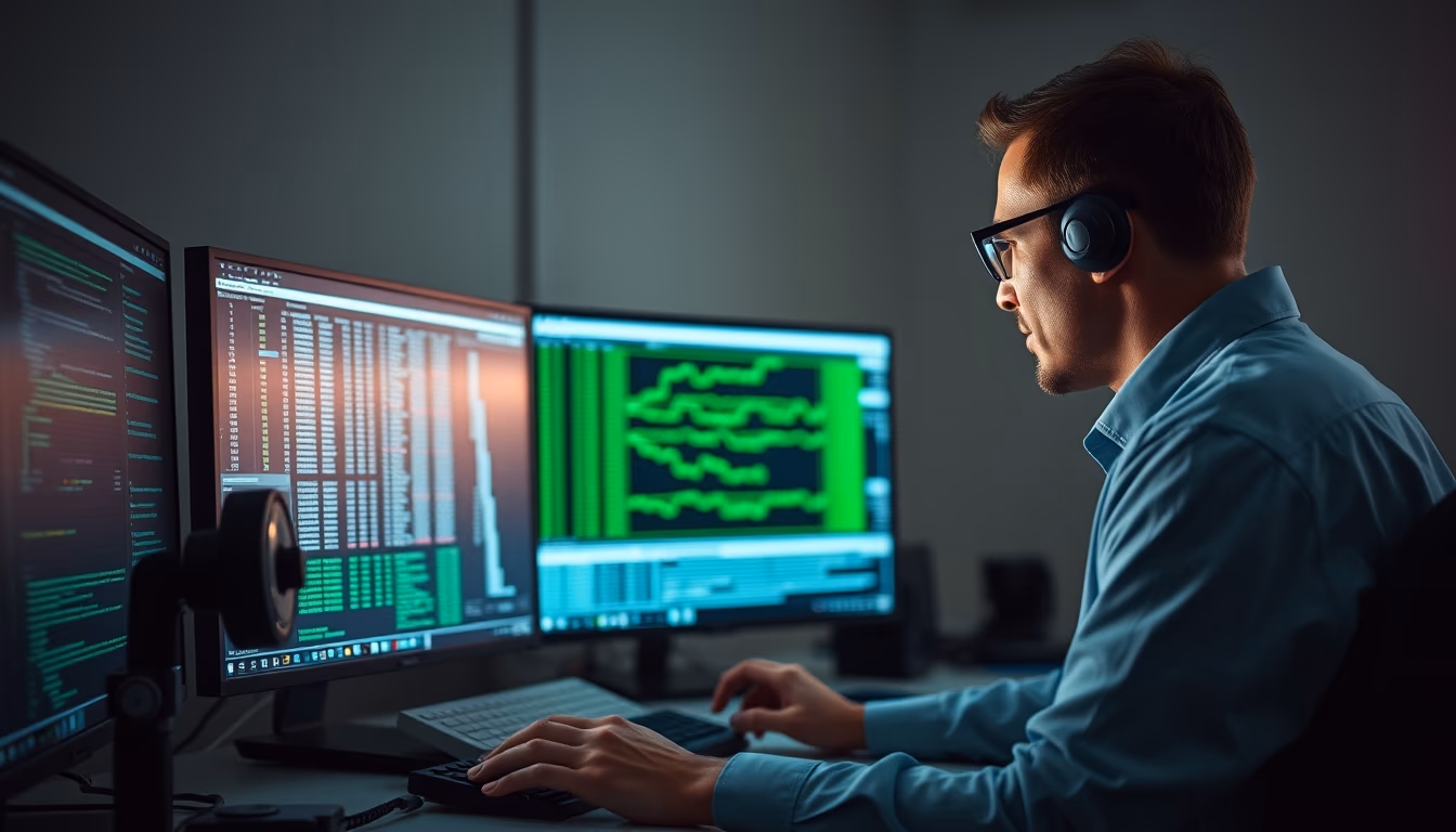 AI engineer training neural network on workstation em estilo editorial