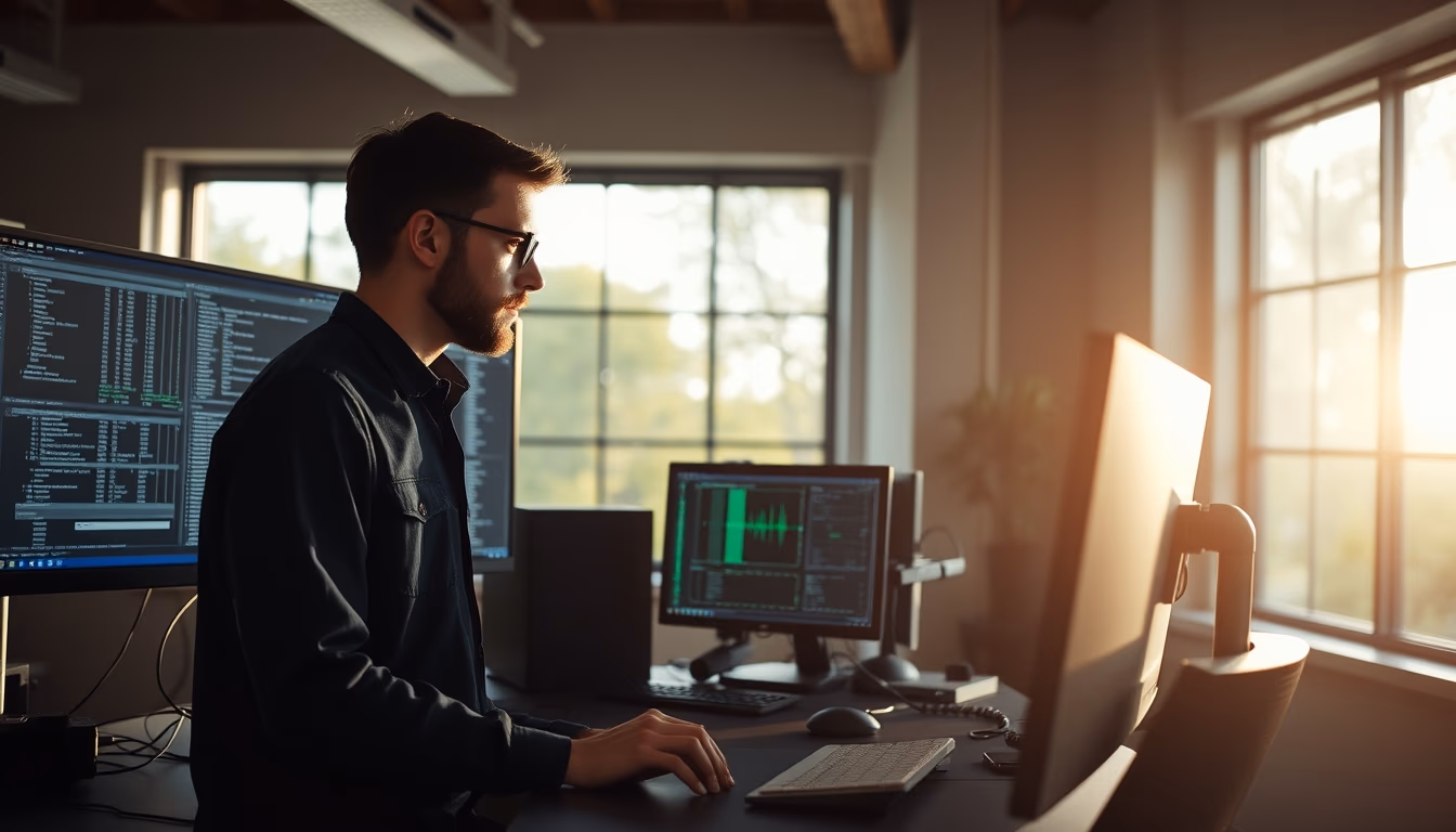 AI engineer training neural network on workstation in editorial style