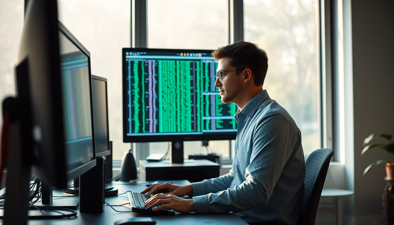 AI engineer training neural network on workstation in editorial style