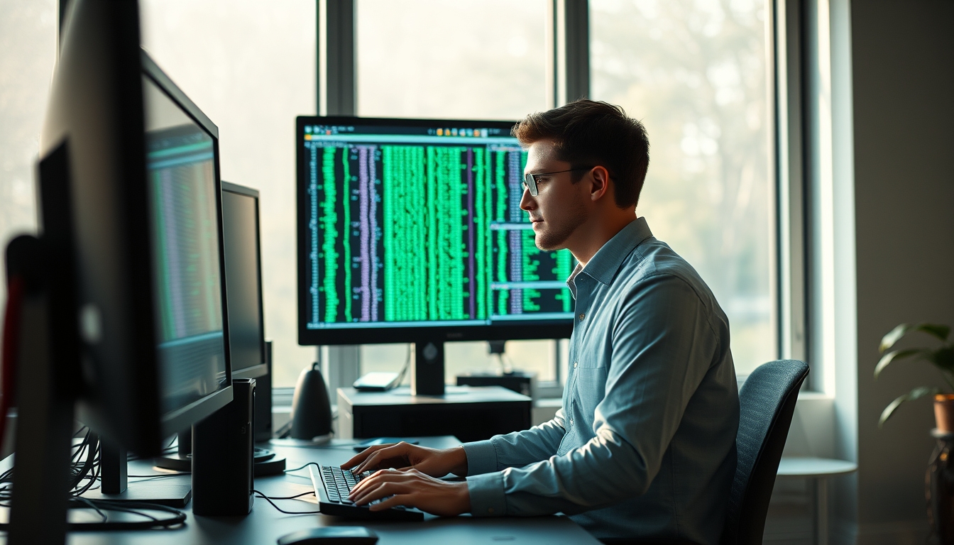 AI engineer training neural network on workstation em estilo editorial