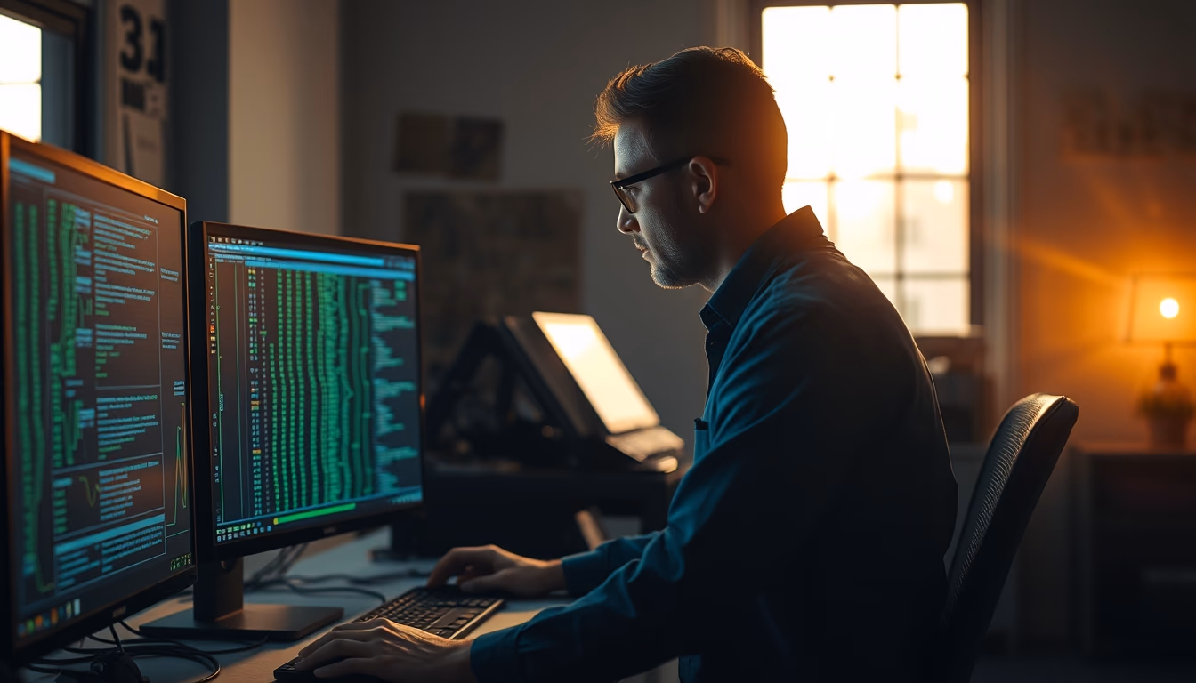 AI engineer training neural network on workstation in editorial style