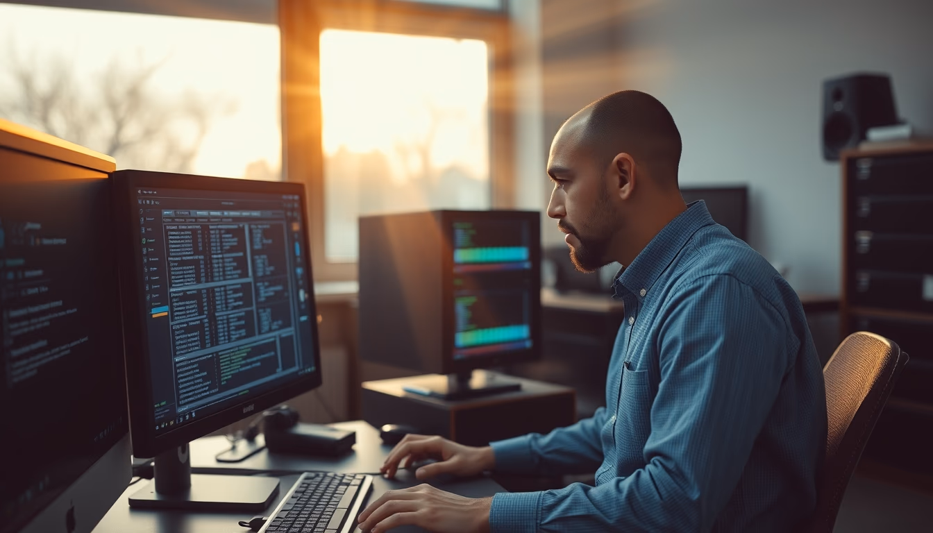 AI engineer training neural network on workstation in editorial style