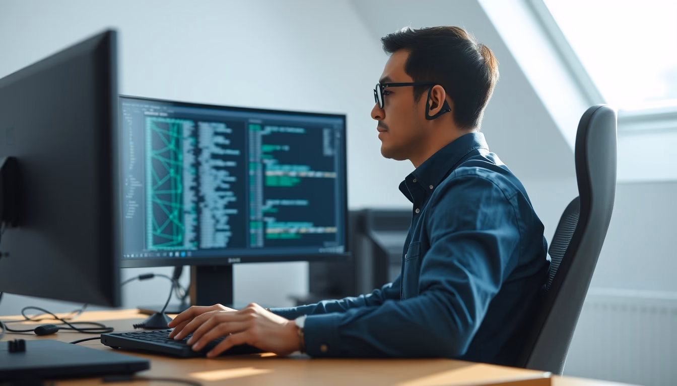 AI engineer training neural network on workstation in editorial style