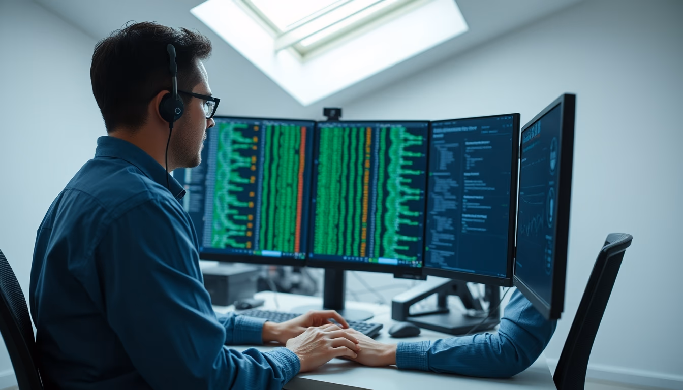 AI engineer training neural network on workstation in editorial style