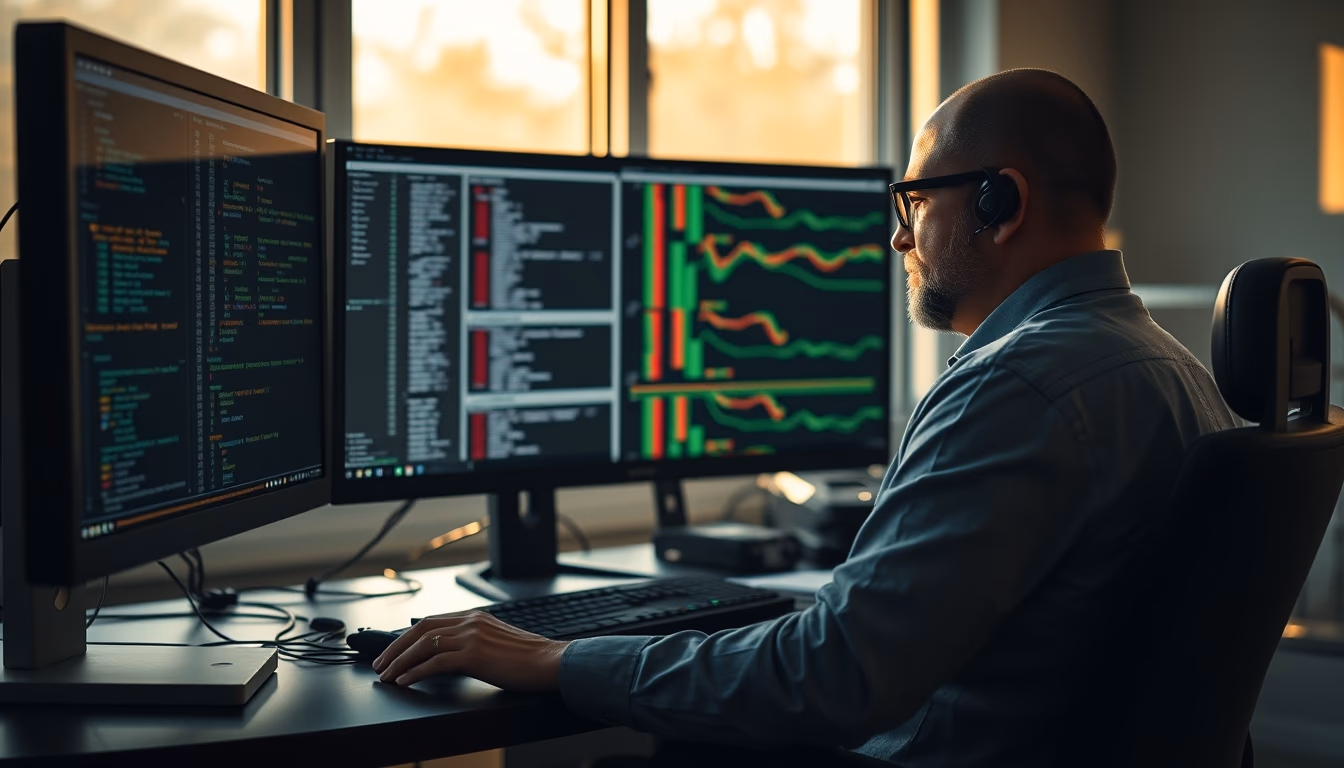 AI engineer training neural network on workstation in editorial style