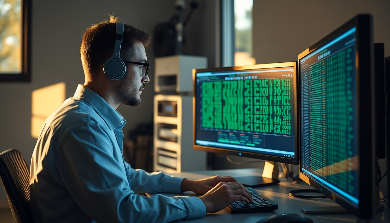 AI engineer training neural network on workstation in editorial style