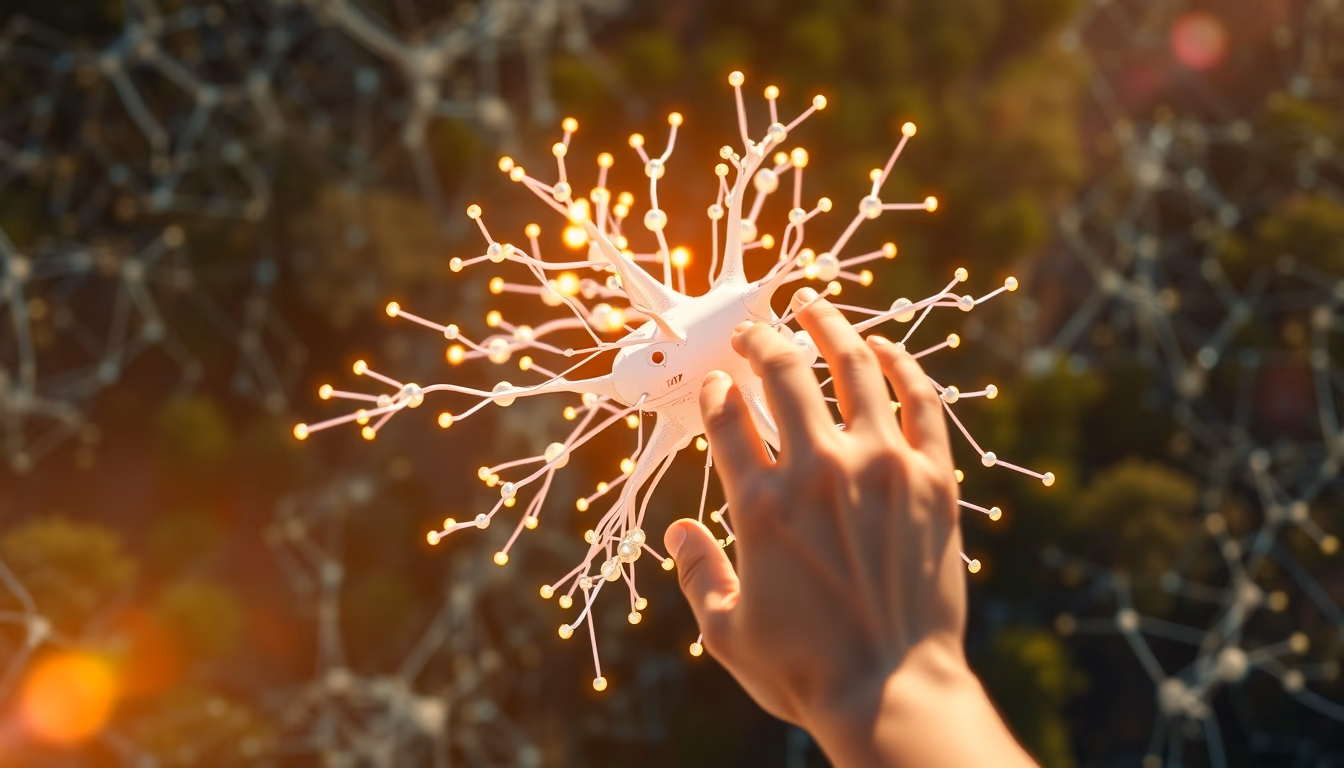 AI neural network glowing nodes and connections in 3D space in editorial style