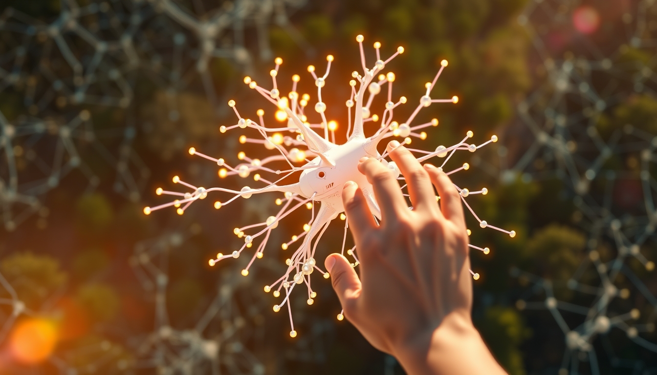 Rede neural de IA nós e conexões brilhantes em espaço 3D em estilo editorial