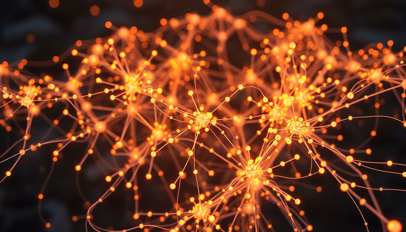 AI neural network glowing nodes and connections in 3D space in editorial style
