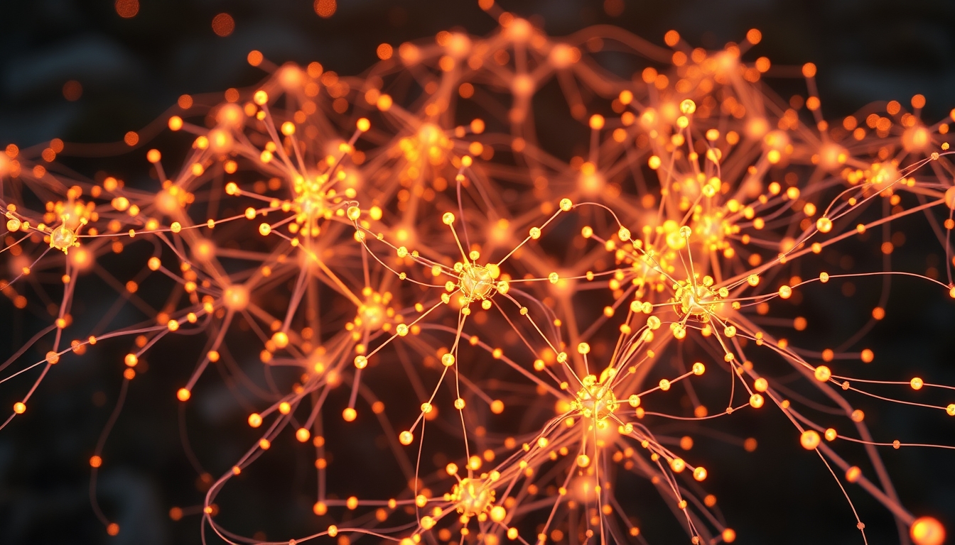 Rede neural de IA nós e conexões brilhantes em espaço 3D em estilo editorial