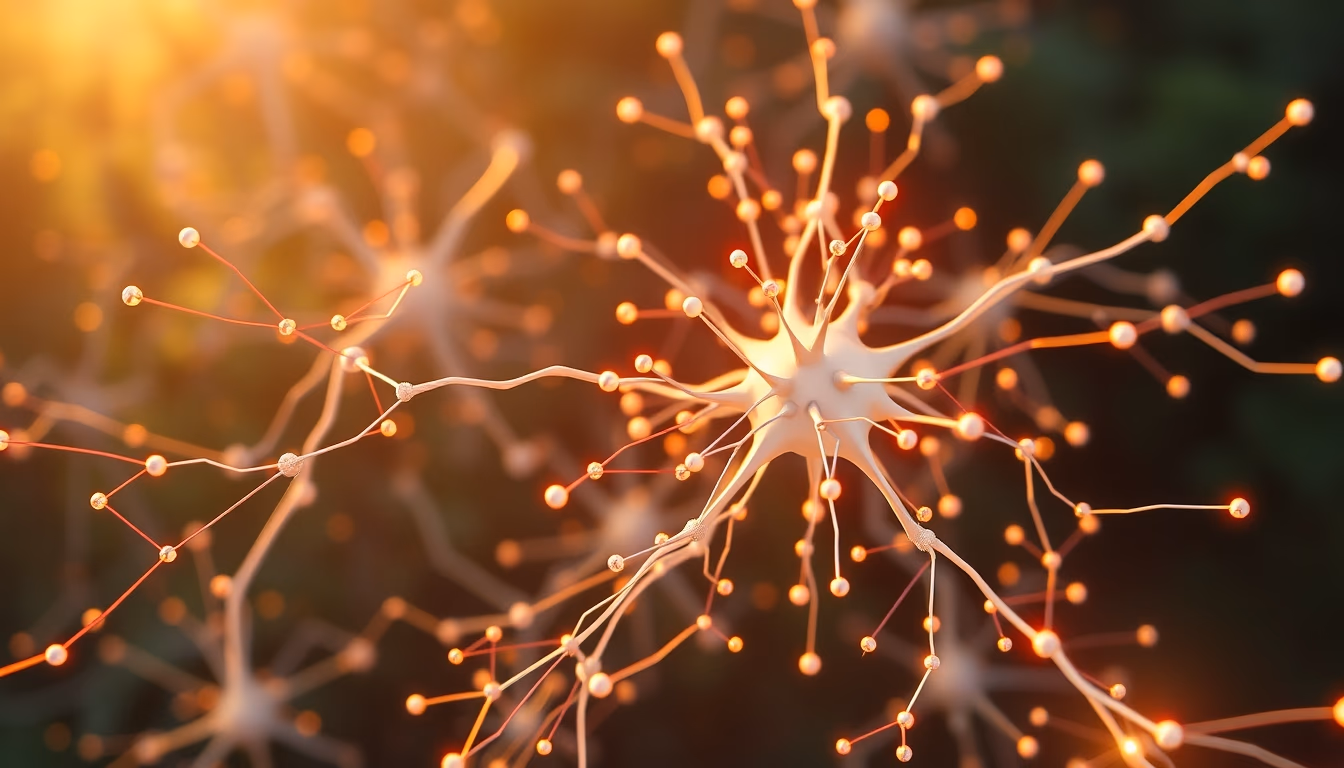 AI neural network glowing nodes and connections in 3D space in editorial style