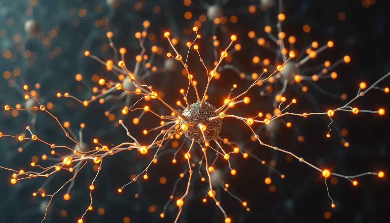 Rede neural de IA nós e conexões brilhantes em espaço 3D em estilo editorial